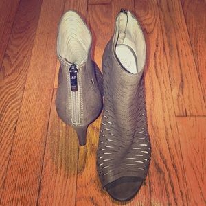 Gray open toe booties